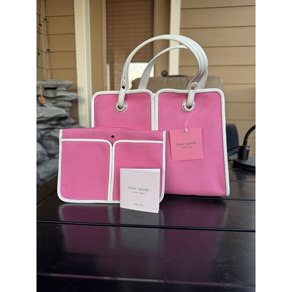 Pink Kate Spade Handbag Leather Trim Crossbody Satchel Makeup Bag - Picture 2 of 12